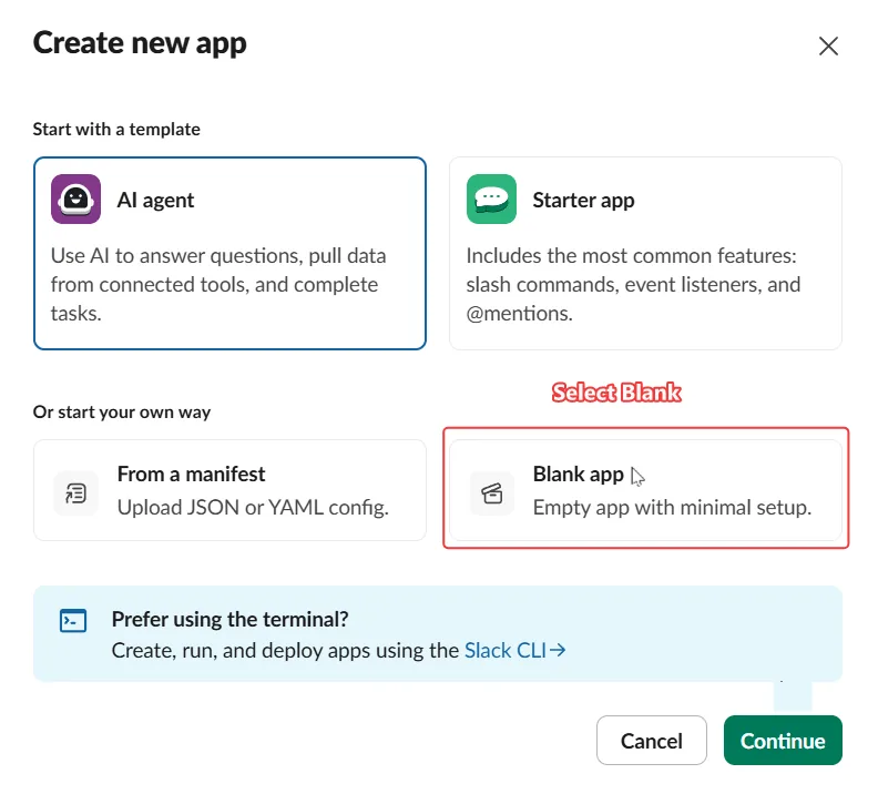 Slack Create New App Dialog