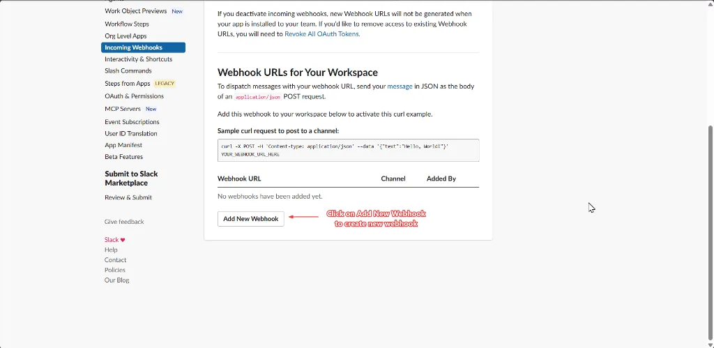 Slack Add New Webhook to Workspace