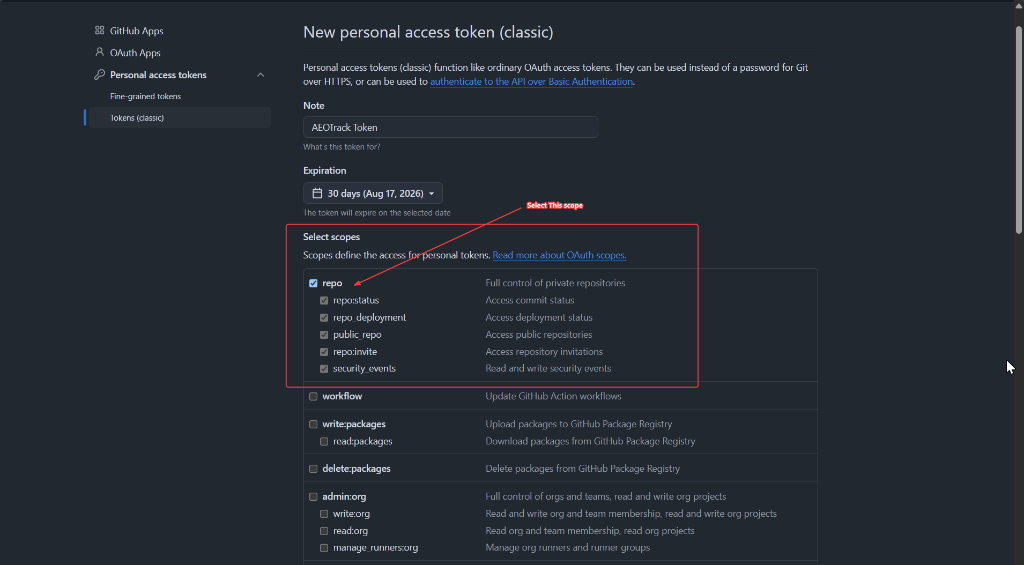 GitHub Scopes Selection
